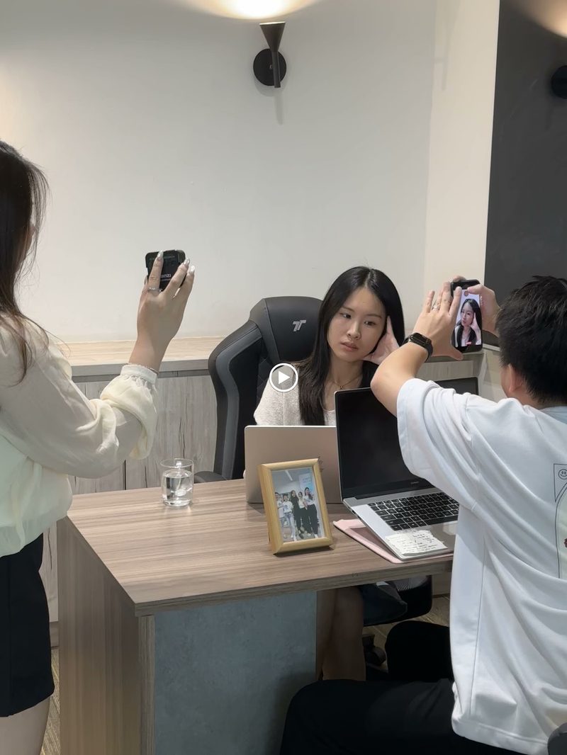Filming a talent at a beauty desk